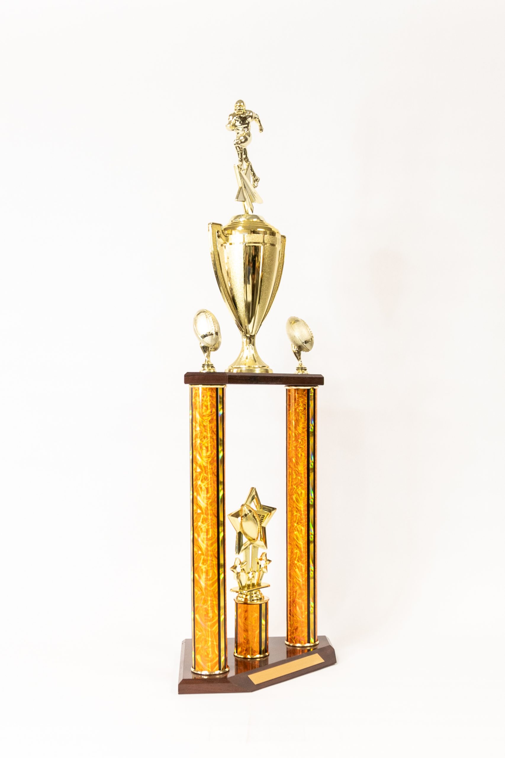 female field hockey orange and white column trophy wood base 