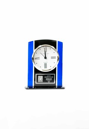 6.25  Black and Blue Glass Clock w Blk Silver Plate 1