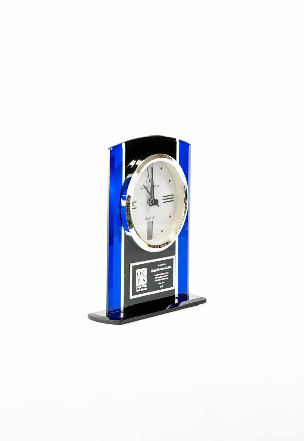 6.25  Black and Blue Glass Clock w Blk Silver Plate 2