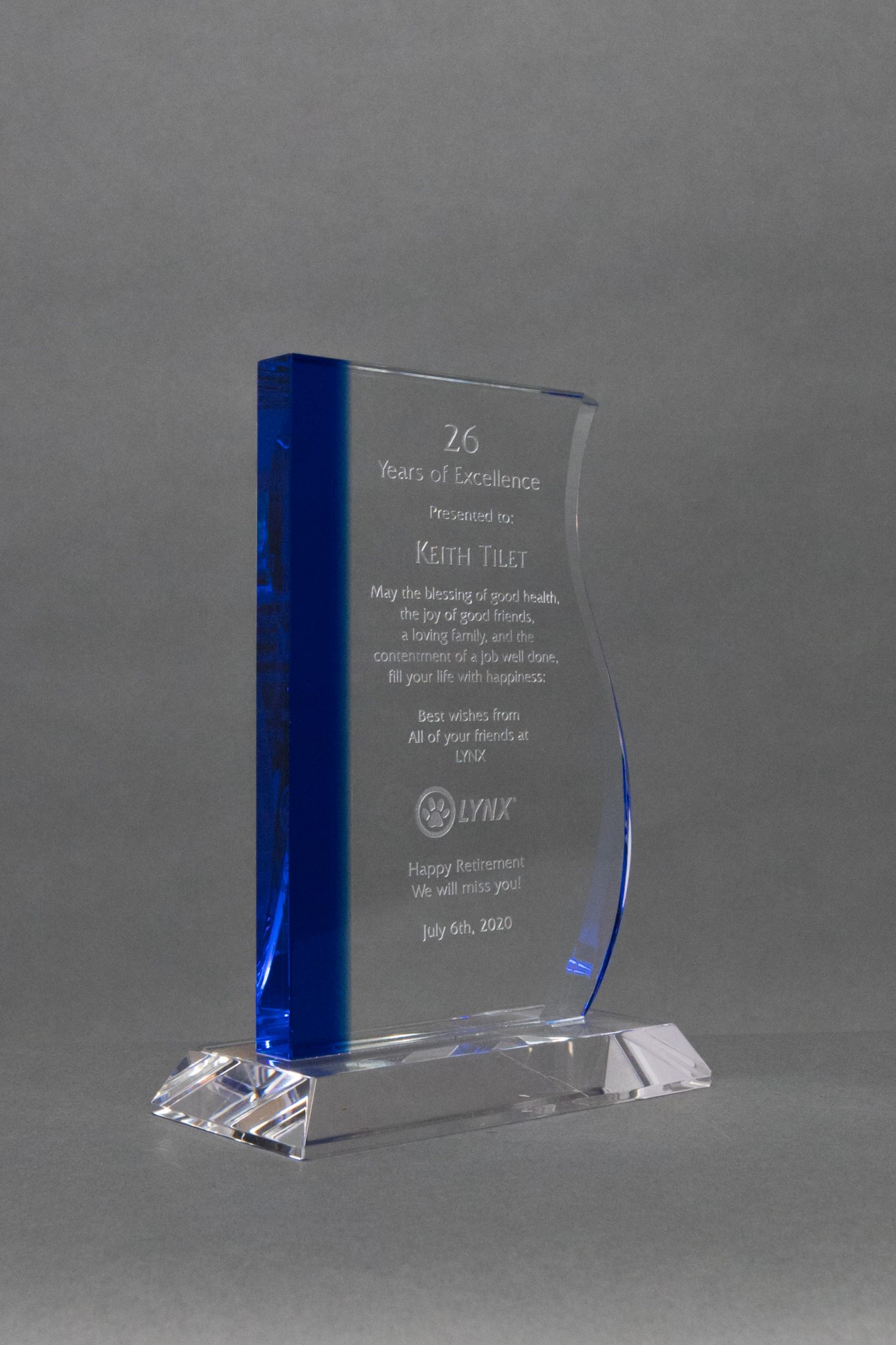 Blue Stripe and Clear Crystal Wave Award - United Trophy