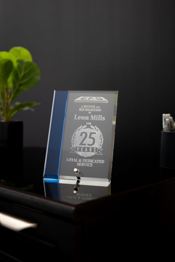 Flat Glass Standing Award with Blue Accent 03 scaled